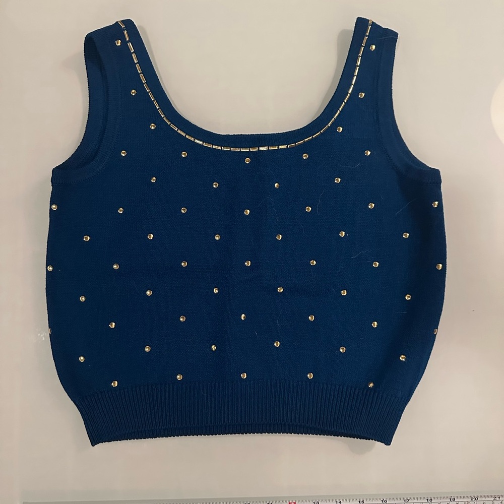 St. John Teal-Blue Knit Top with Gold Details